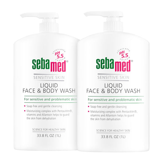 Paraben-Free Face and Body Wash with Pump for Sensitive and Delicate Skin Ph 5.5 Ultra Mild Dermatologist Recommended Cleanser 33.8 Fluid Ounces (1 Liter) Set of 2 Value Pack , Green